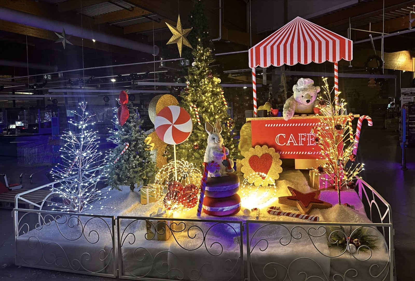Décor de café enchanté et sapins lumineux pour l'espace enfants de Lidl Montélimar
